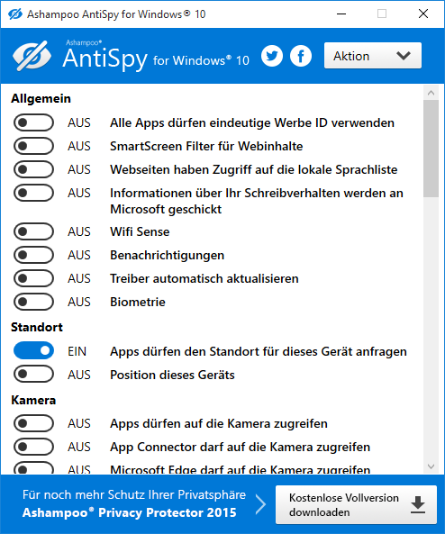 Ashampoo AntiSpy for Windows 10 – Screenshot Ashampoo AntiSpy for Windows 10 Screenshot – Ashampoo Software
